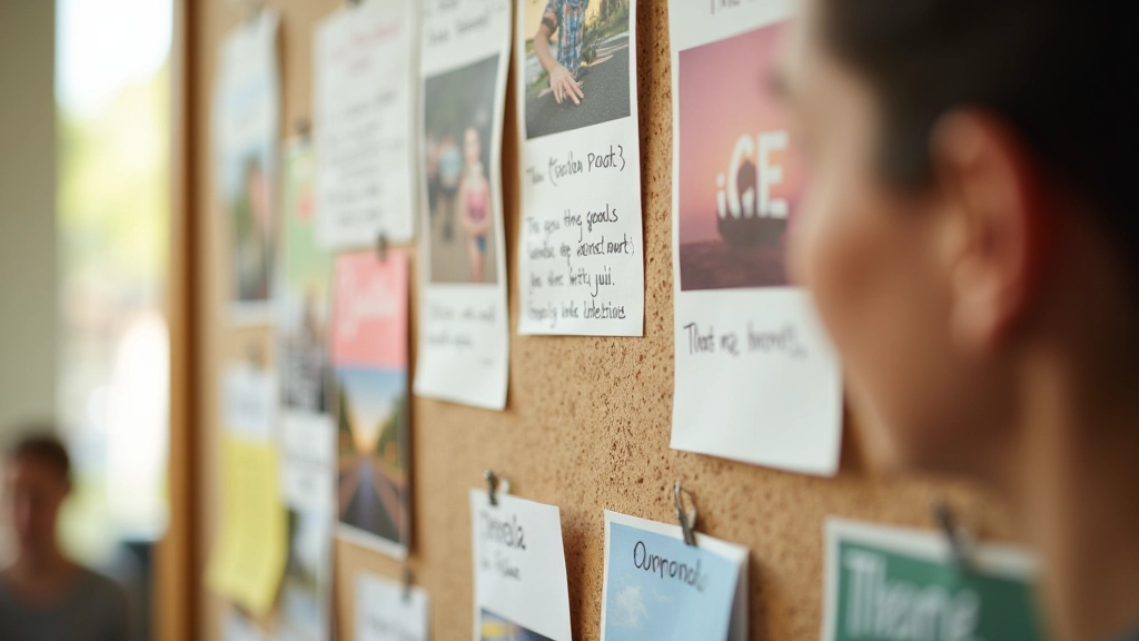Completed vision board showing organized layout with images, words, and colors arranged thematically on cork background