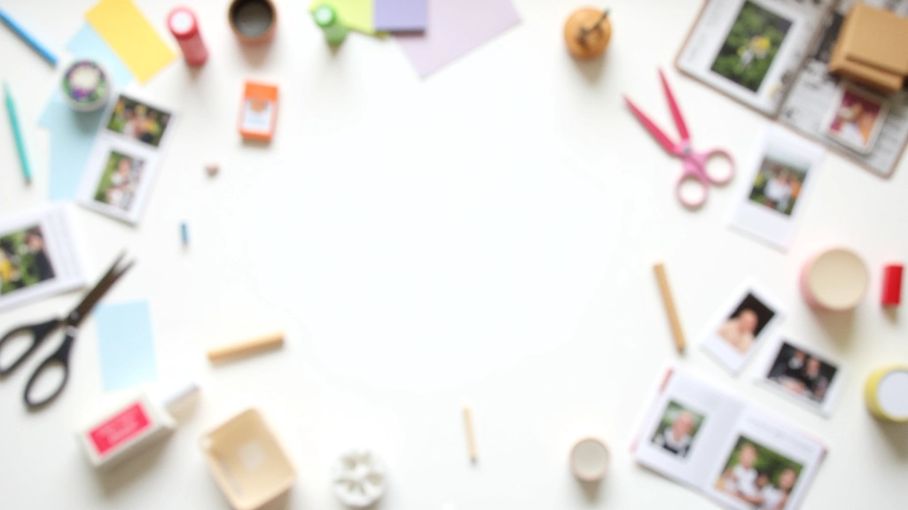 Organized craft materials including colored paper, scissors, glue stick, and magazine clippings arranged on white work surface