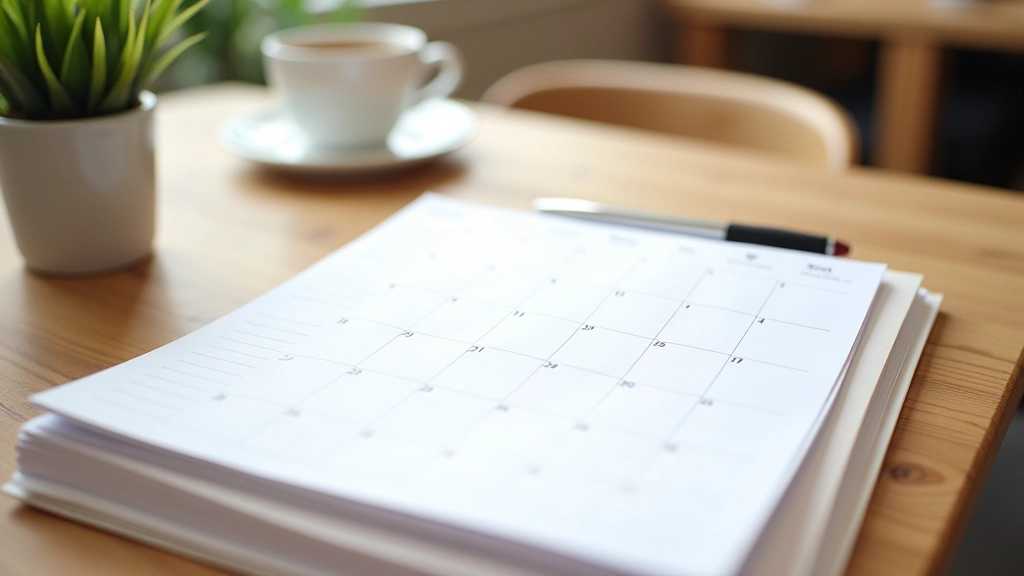 Open calendar and planner with notes spread across wooden table surface