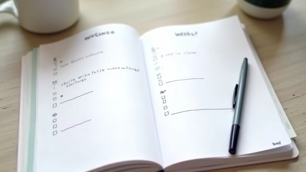 Weekly planning page in planner with checkboxes and progress notes, tracking system
