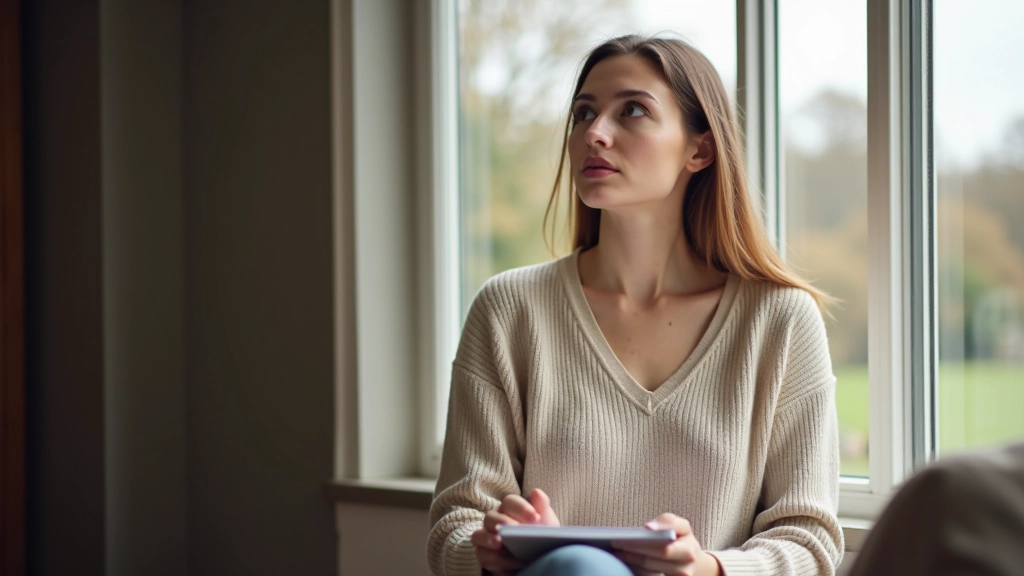 Person sitting thoughtfully by window, natural light, reflecting expression, calm indoor setting