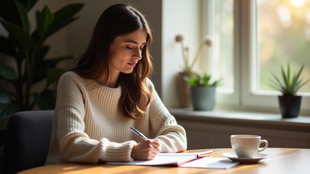 Person writing goals in a notebook with coffee on desk, focused planning session, natural window lighting