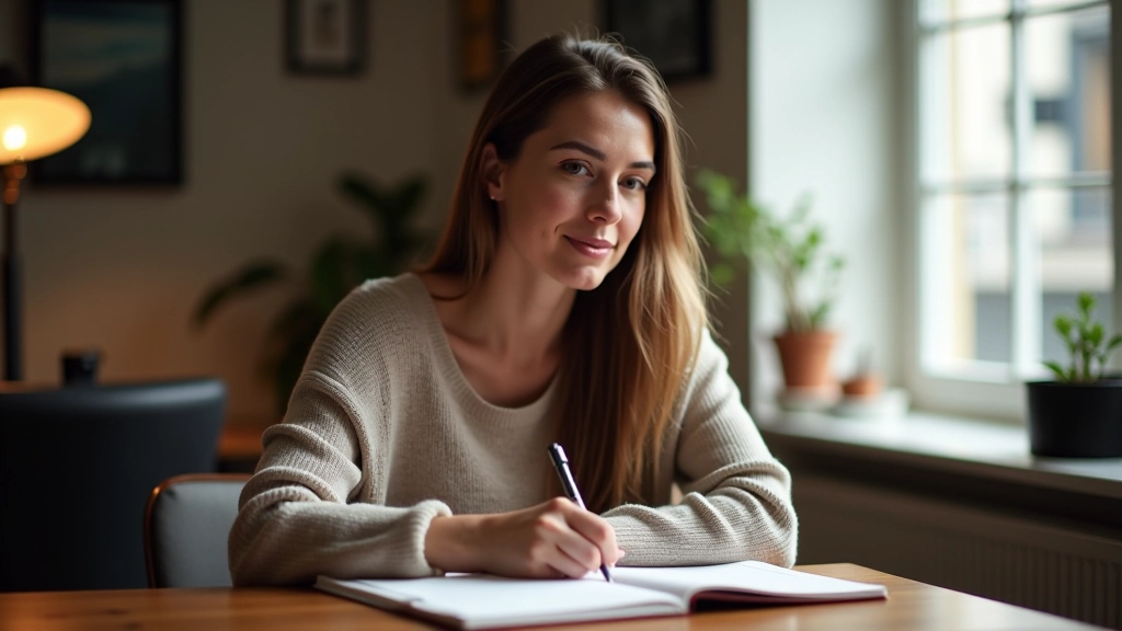 Person writing personal vision goals in notebook at wooden desk with warm lighting